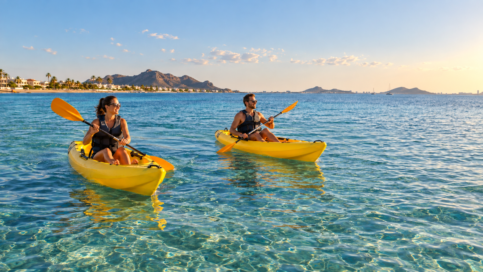 Simulación de dos personas usando piraguas amarillas en el Mar Menor